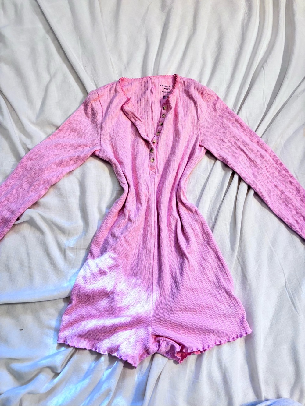 American Eagle Pink Ribbed Long-Sleeve Henley Romper